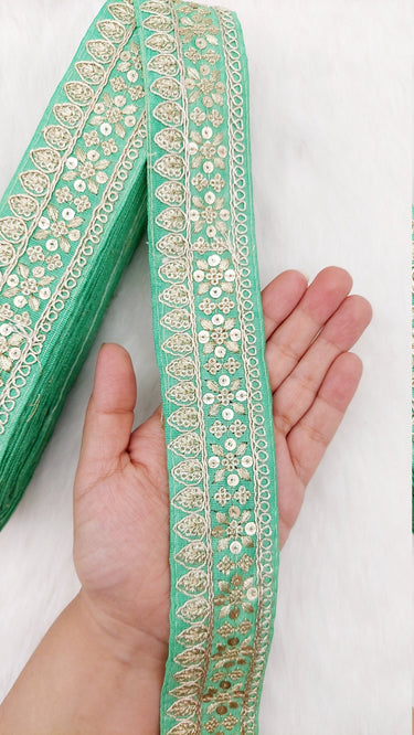 Green Art Silk Fabric Trim With Gold Floral Embroidery, Floral Sequins Sari Border, Trim By 9 Yards